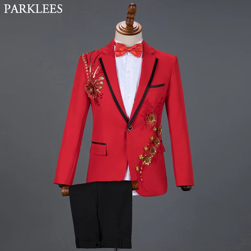 Red Diamond Floral Men Suits for Wedding Mens Suits 3 Piece Blazer+Pant+Bow Tie