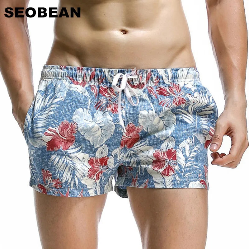 Short Men Board Shorts Coconut Leaf Pattern Sea Beach Style