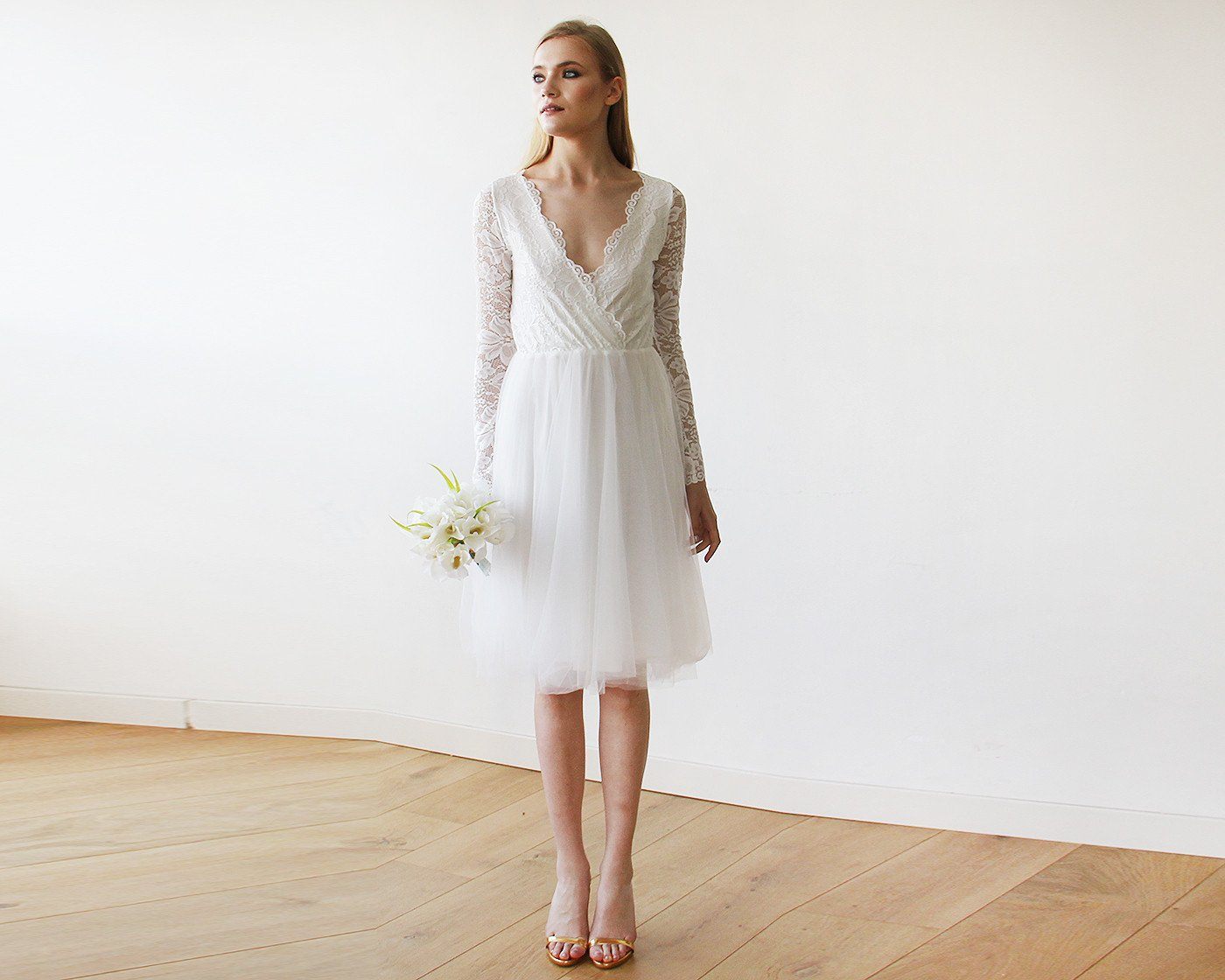 Short Wedding Dress ,Ivory Tulle & Lace Midi  Dress