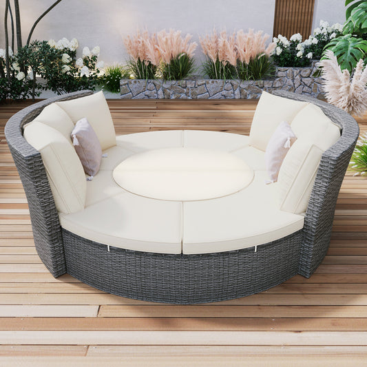 Patio 5-Piece Round Rattan Sectional Sofa Set All-Weather PE Wicker Sunbed