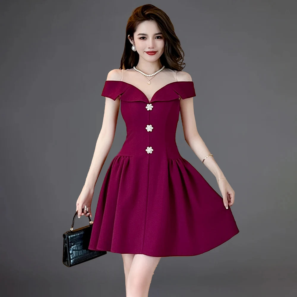 Red Off Shoulder Party Dress Elegant Wedding Short Even Dress for Women