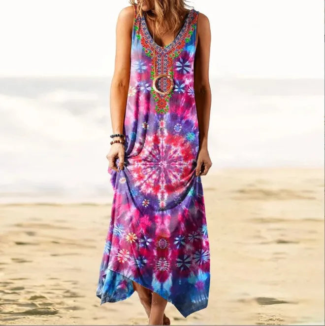 Printed Women' Dress Tie-Dye Floral Long Maxi Dresse Beach Casual Dresses