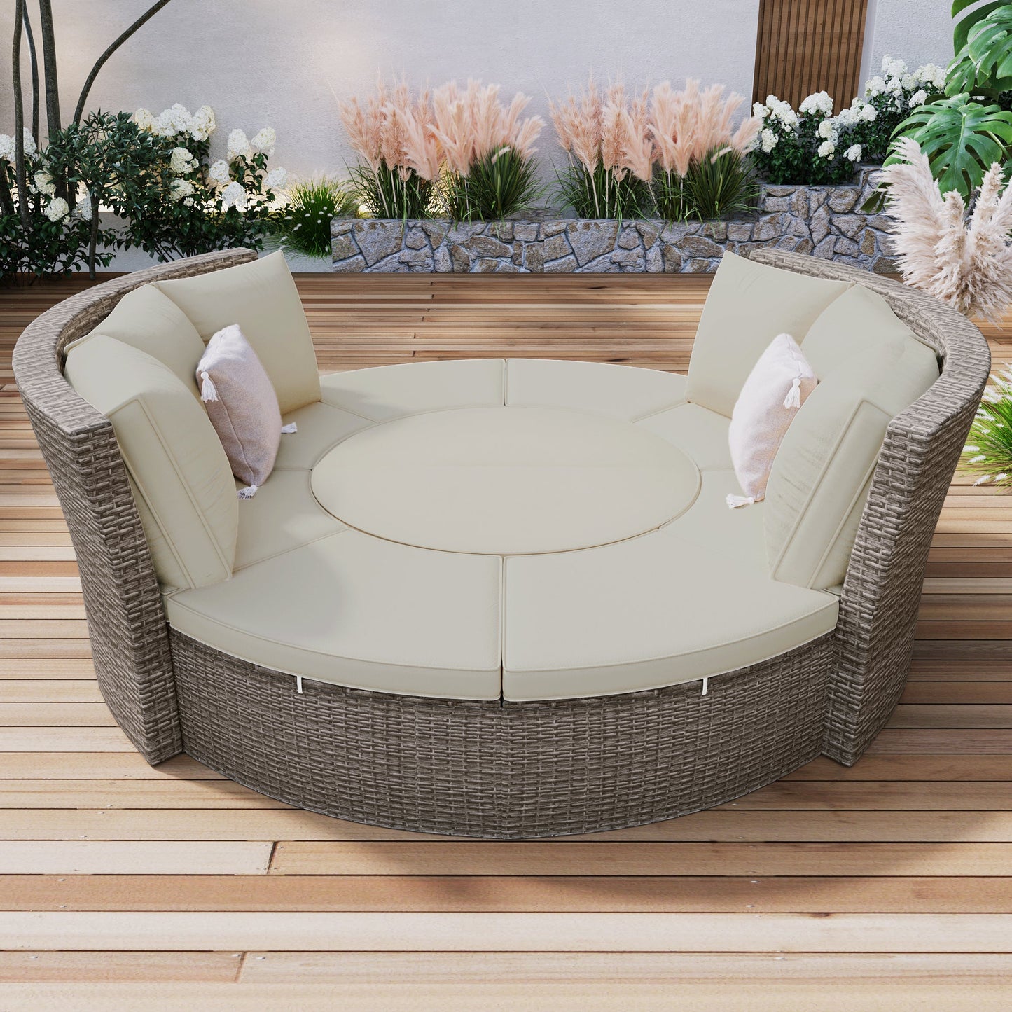 Patio 5-Piece Round Rattan Sectional Sofa Set