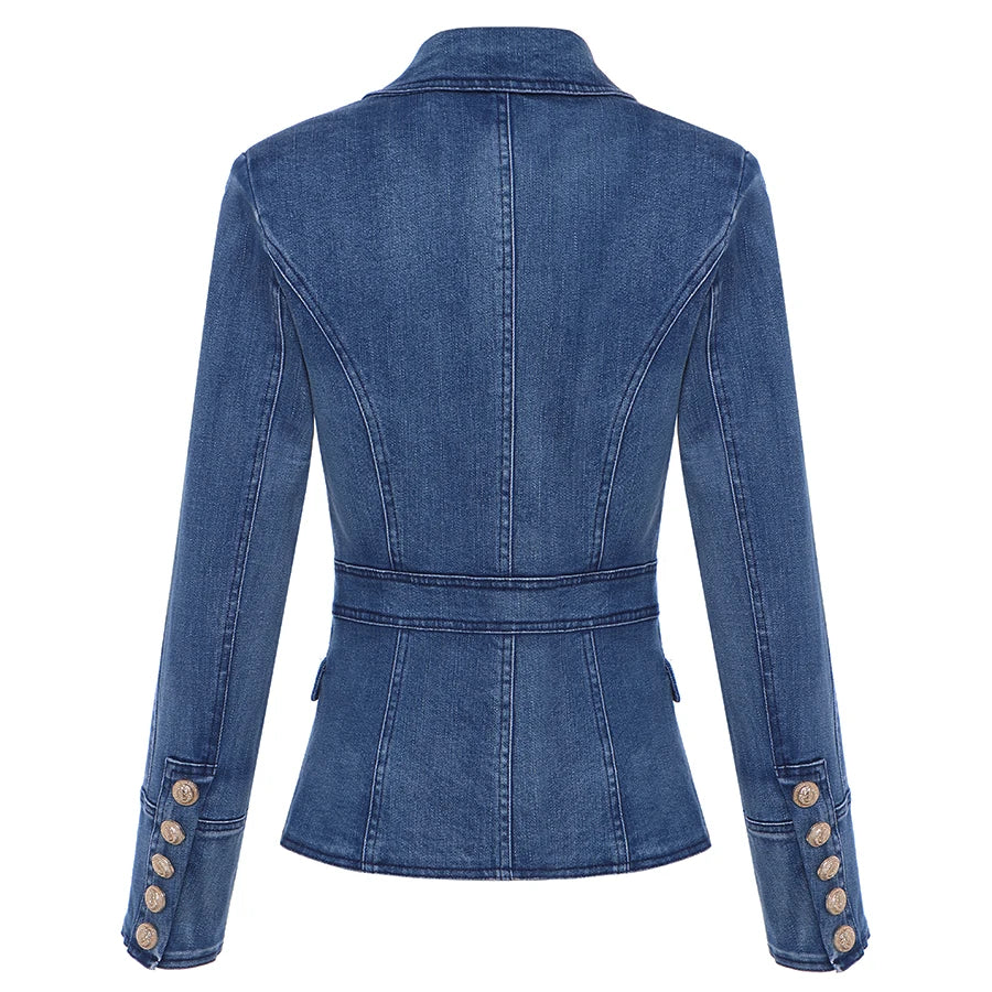 Women's Metal Lion Buttons Double Breasted Denim Blazer Jacket Outer Coat