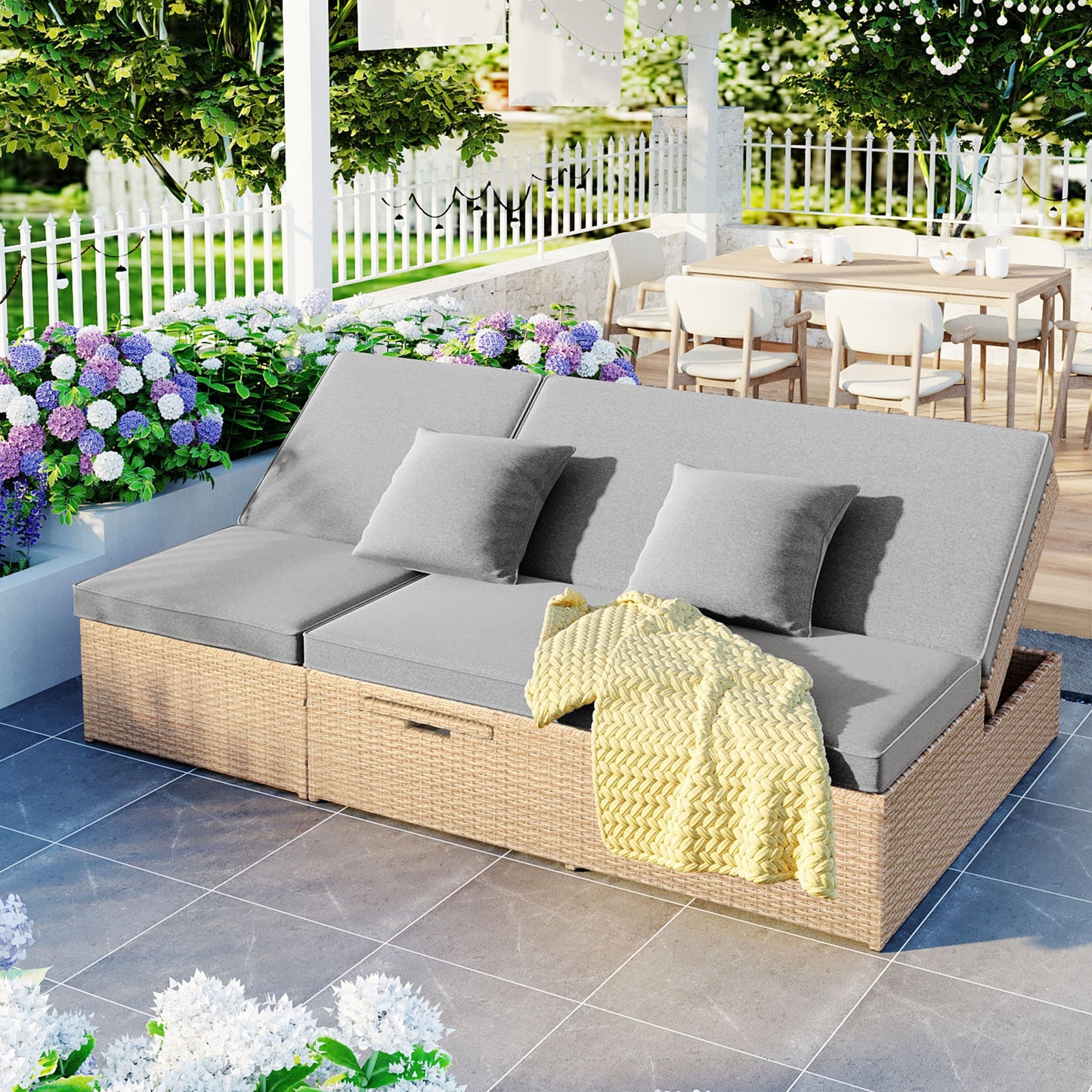 Outdoor Double Sunbed, Wicker Rattan Patio Reclining Chairs