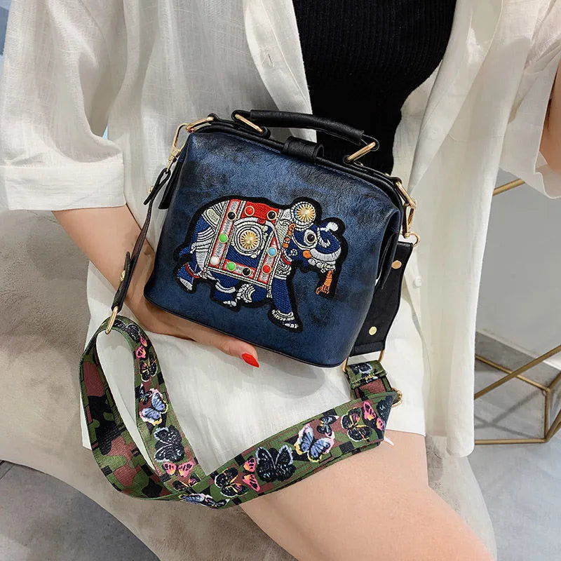 Vintage Embroidery Elephant Bag Bags Wide Butterfly Strap PU Leather Purses