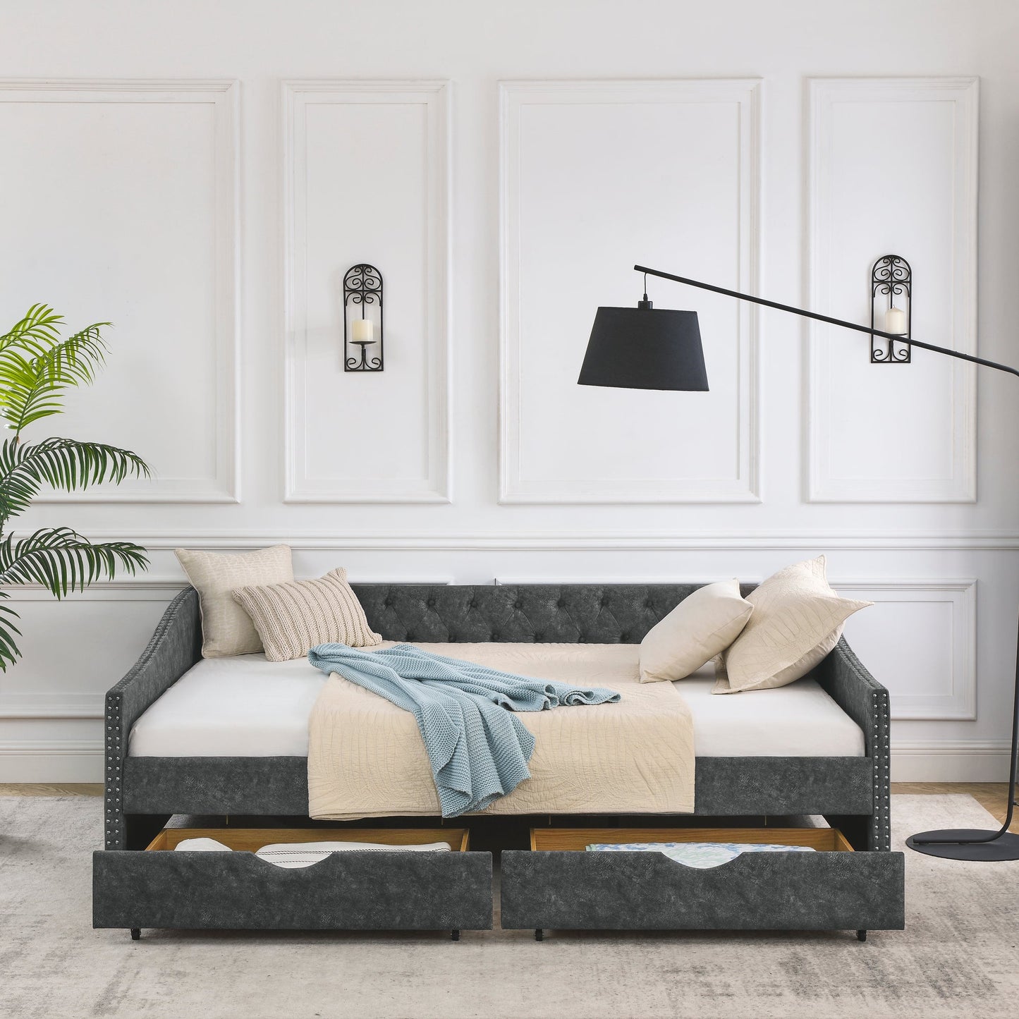 Queen Size Daybed With Drawers Upholstered Tufted Sofa Bed