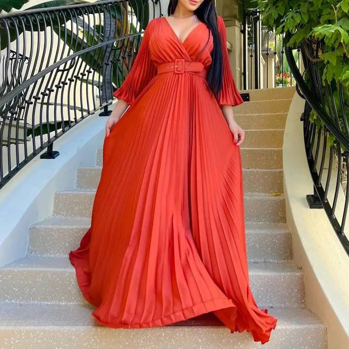 Women Chiffon Pleated Dress High Waist Floor Length Long Sleeve Deep v Dresses