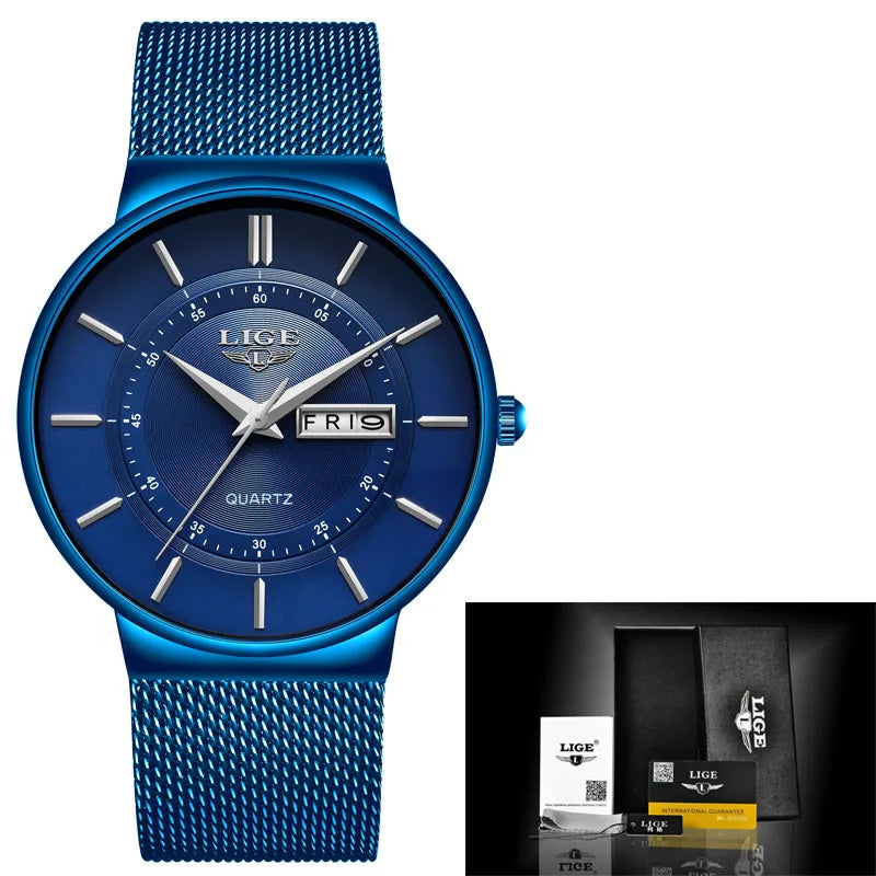 New Blue Quartz Clock LIGE Mens Watches Waterproof Wrist Watch Reloj Hombre