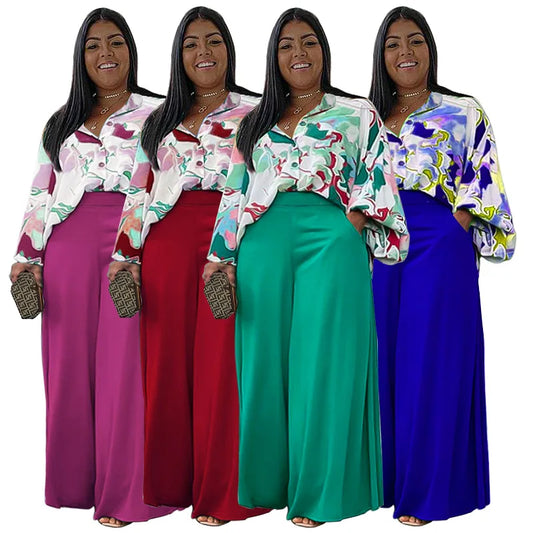 Plus Size Women's Clothing Loose Casual Printed Shirt Top Wide Leg Pants Set