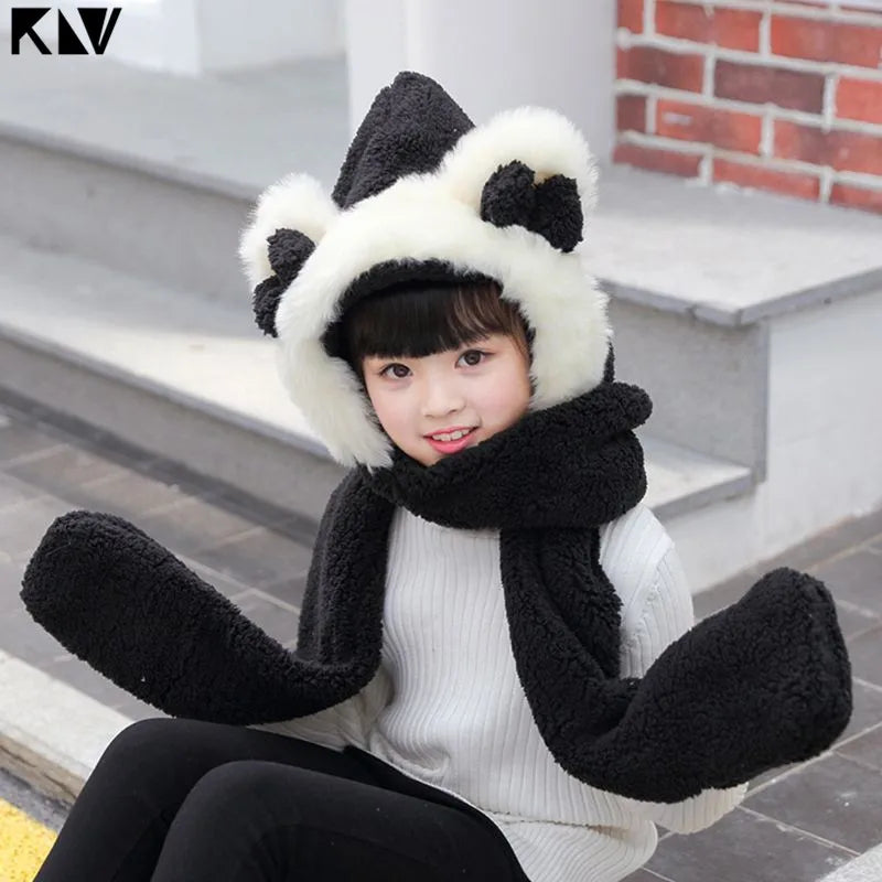 Warm Plush Winter Hat Cute Bowknot Bear Ears Scarf Gloves Hoodie Cap