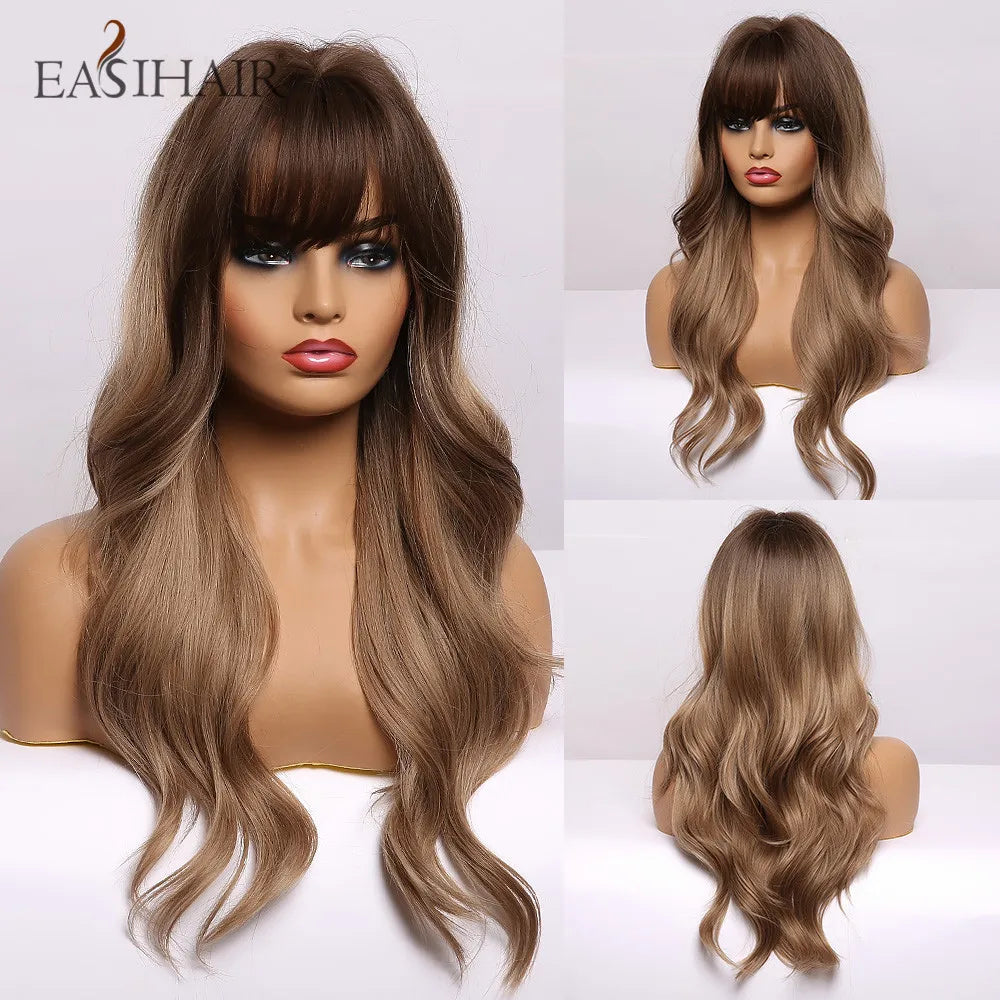 Wavy Synthetic Wigs With Bangs Heat Resistant Blonde Cosplay Wigs