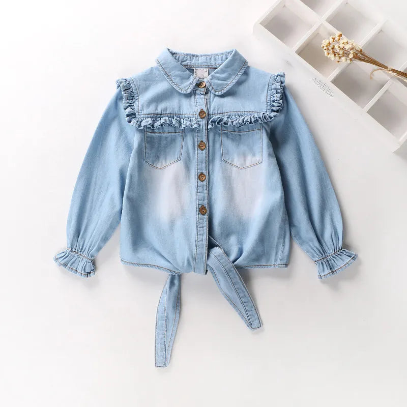 Summer Shirt Cotton Girls Clothes Casual Ruffles Denim Blouse