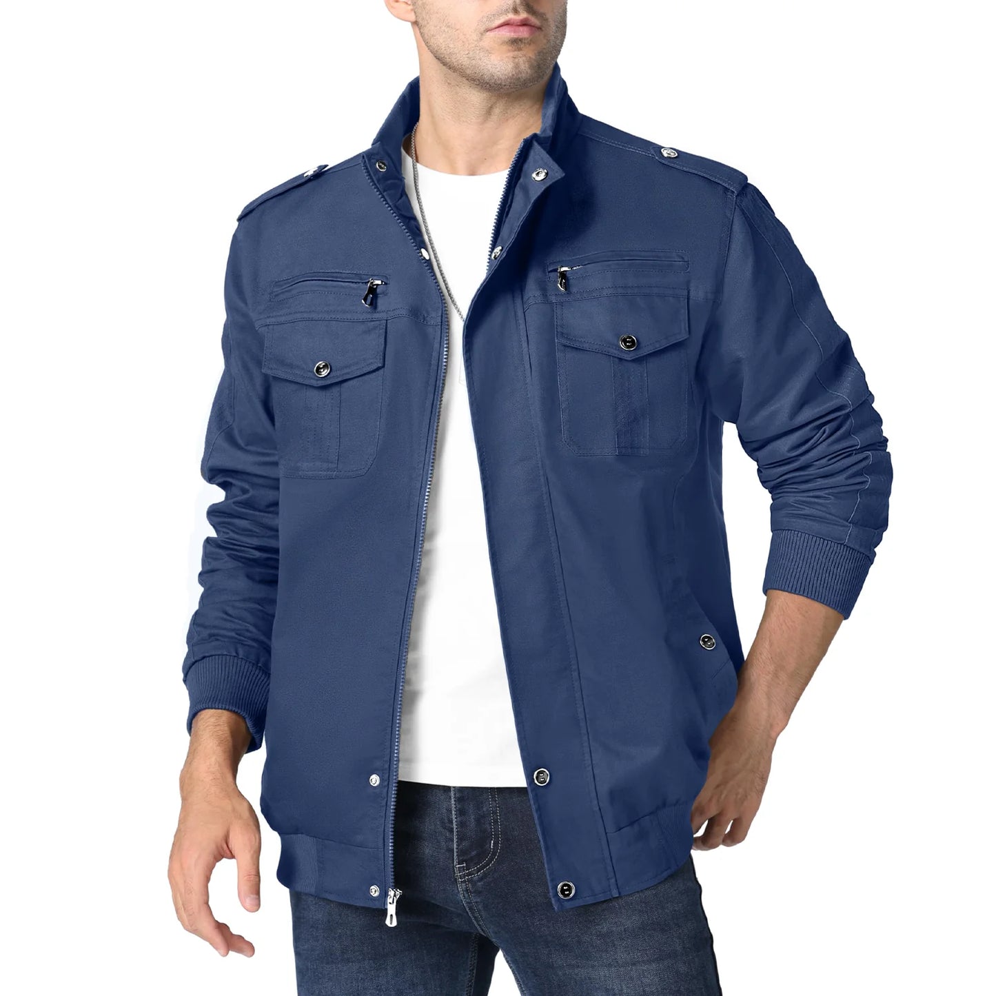 TACVASEN Pilot Bomber Jacket Coats Mens Cotton Cargo Jackets With Zipper Pockets