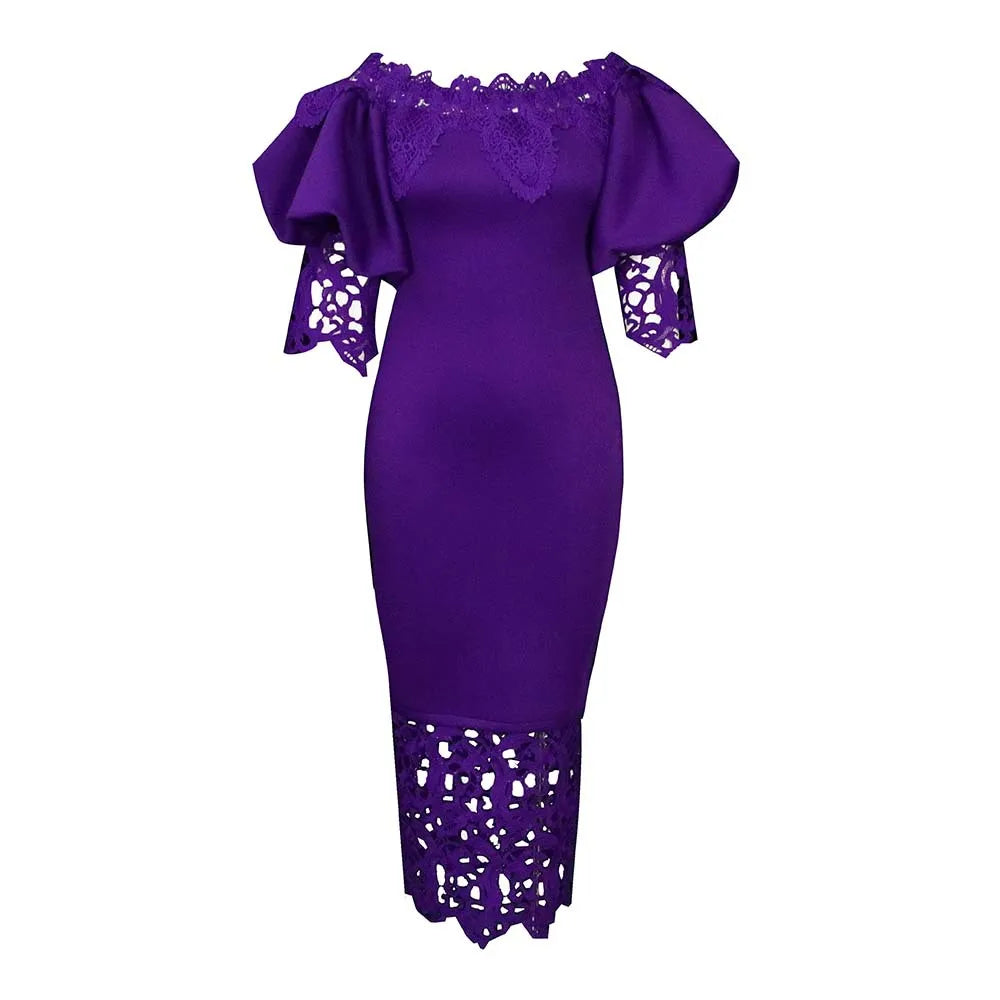 Plus Size Women'S Fashion Elegant Lace Splice One Line Neck Dress