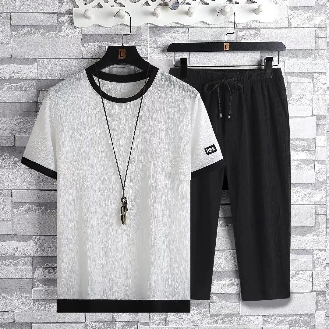 Men's Two Pieces Sets Solid Color Elastic Short Sleeve Loose Men's Oversize Sets