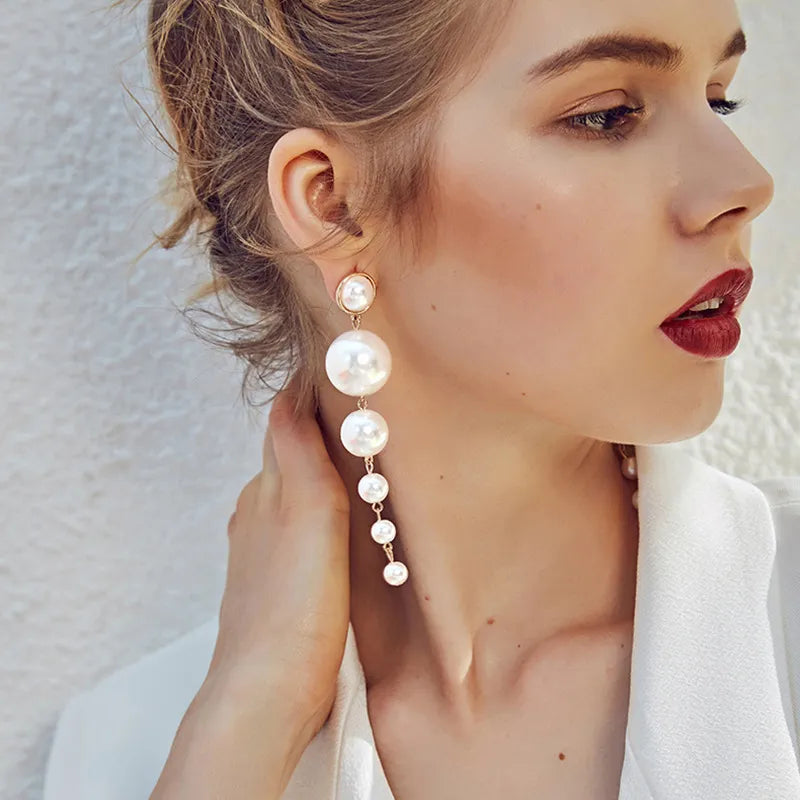 Trendy Vintage Long Simulated Pearl Dangle Clip on Earrings