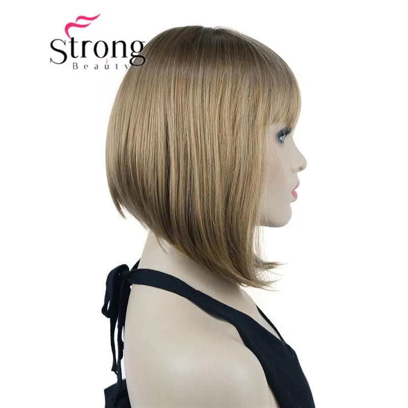 Short Straight Blonde Highlighted Bob With Bangs Synthetic Wig