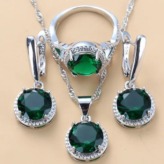 Silver Jewelry Sets Green Cubic Zirconia Necklaces Pendants Earrings and Ring