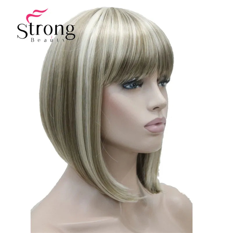 Short Straight Blonde Highlighted Bob With Bangs Synthetic Wig