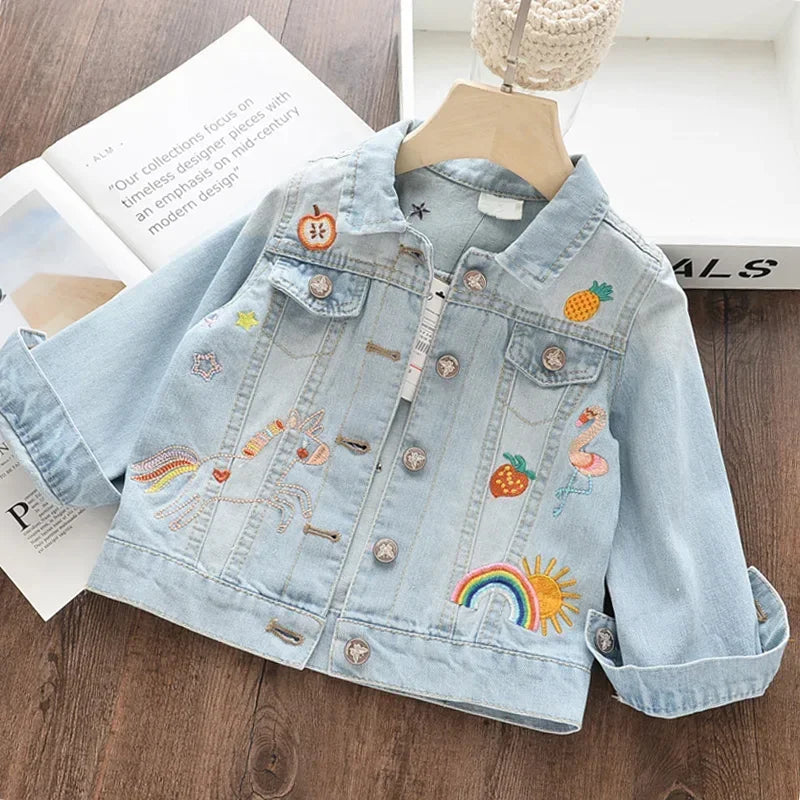 Menoea Girls Denim Outerwear cartoon Coat Embroidery Children