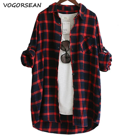 Women Blouse Shirt Loose Casual Plaid Shirts Long Sleeve BLOUSE