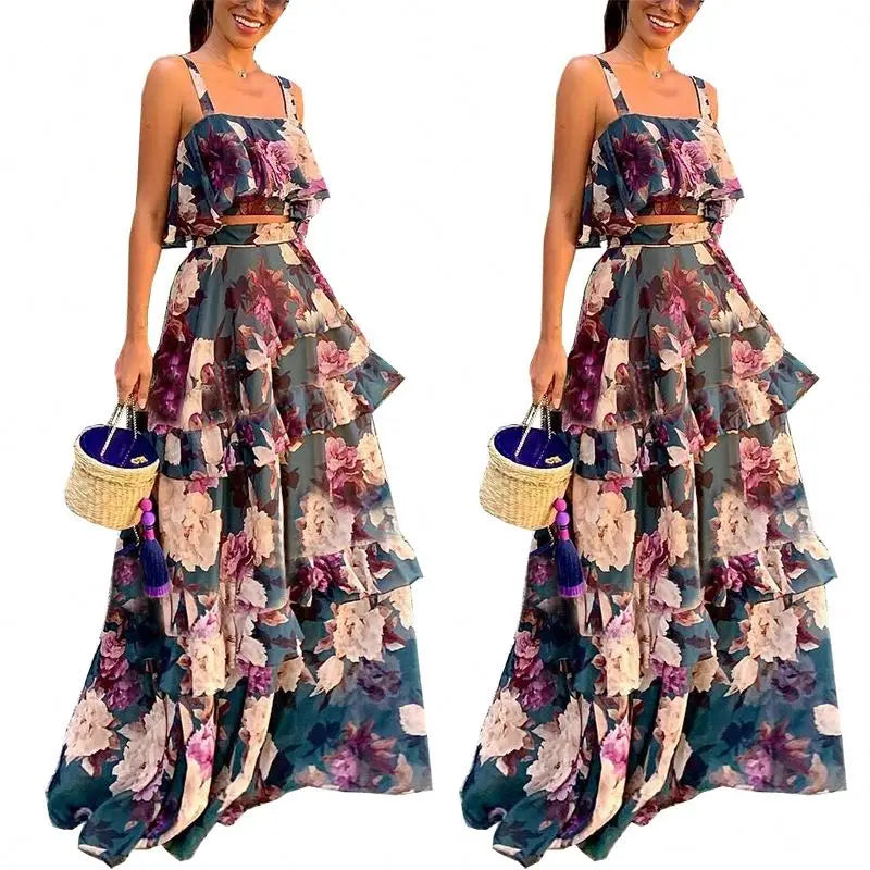 Women 2 Piece Set Dresses Beach Vacation Floral Printed Women's Clothing