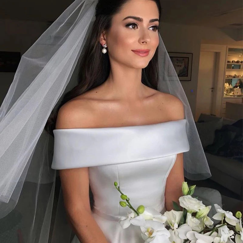 Simple a Line Wedding Dresses Satin Off the Shoulder Wedding Bridal Gowns