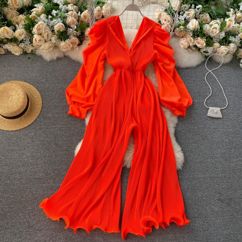 Sexy V-Neck Women Wide Leg Ribbed Jumpsuit