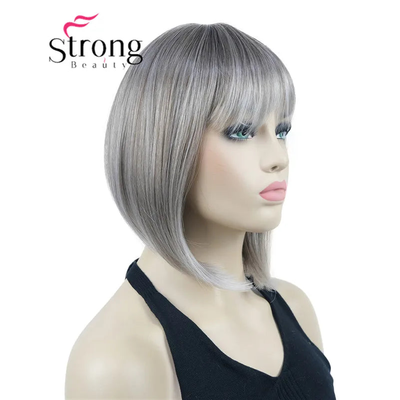 Short Straight Blonde Highlighted Bob With Bangs Synthetic Wig