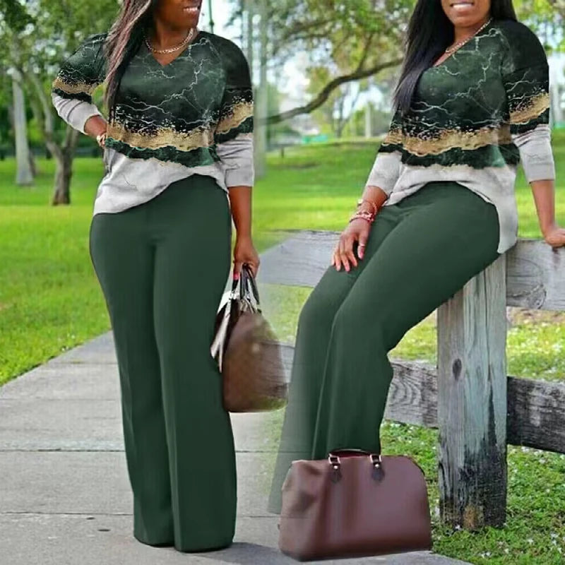 Spring Fall New Plus Size Women Casual Long Sleeve Printing T Shirt Top Pants