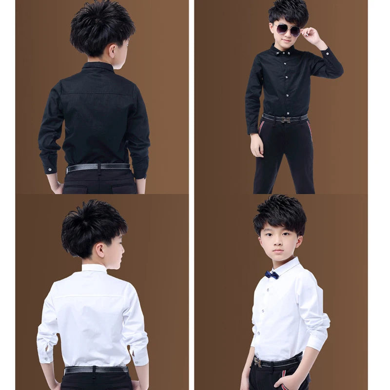 New Children Boys Shirts Cotton Solid Black&White Shirt With Tie