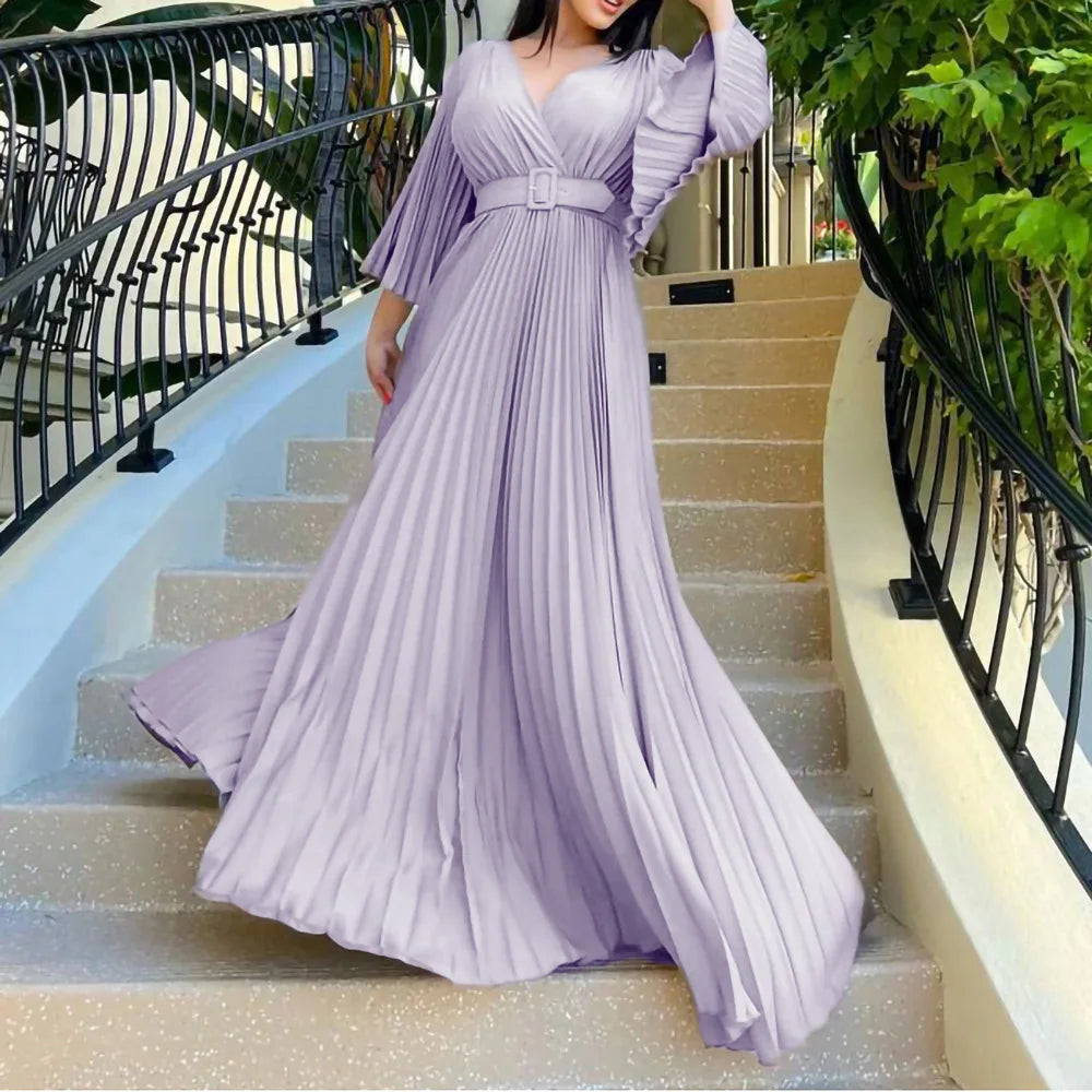 Women Chiffon Pleated Dress High Waist Floor Length Long Sleeve Deep v Dresses