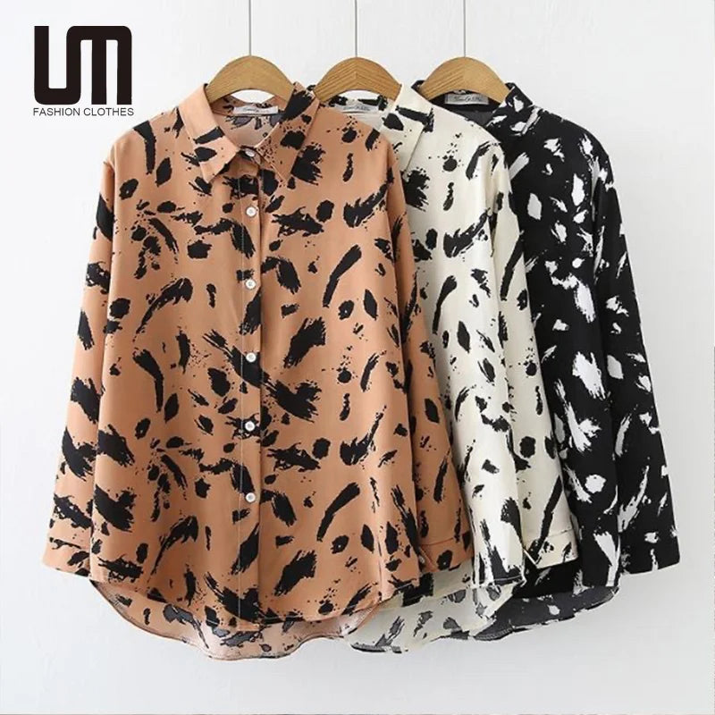 Women Vintage Printed Long Sleeve Buttons Blouse Casual Shirt