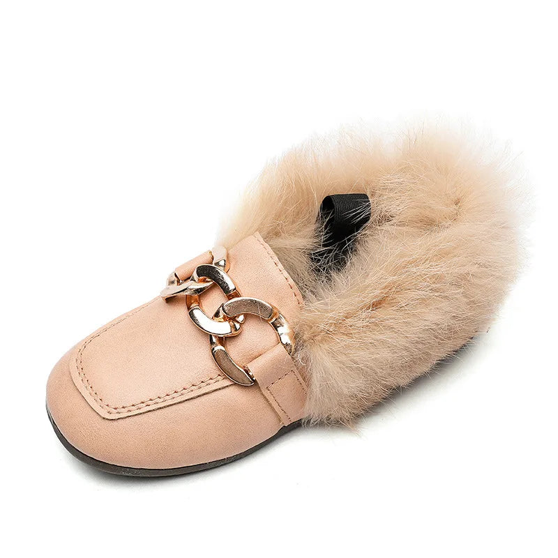 Warm Cotton Plush Fluffy Fur Kids Loafers With Metal Chain