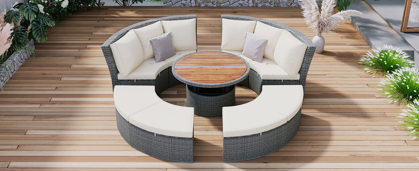 Patio 5-Piece Round Rattan Sectional Sofa Set All-Weather PE Wicker Sunbed