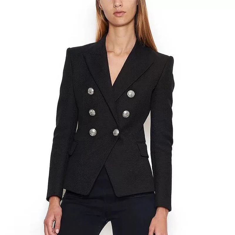 Women's Double Breasted Metal Lion Silver Buttons Pique Blazer Jacket