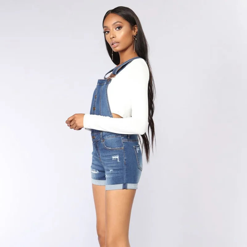 Short Denim Overalls Women Hole  Jumpsuit High Waist Casual Jeans