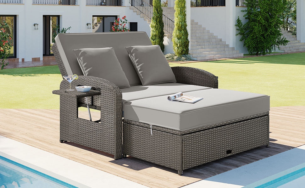 PE Wicker Rattan Double Chaise Lounge, 2-Person Reclining Daybed