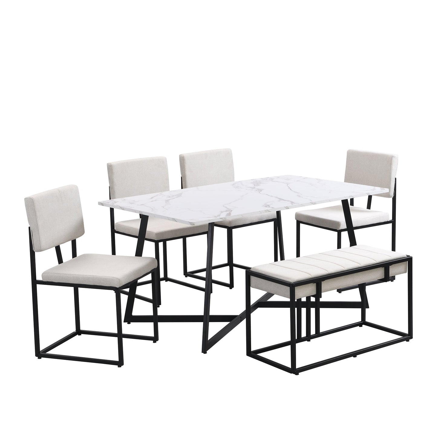 Modern Faux Marble 6-Piece Dining Table Set Dining Chairs and Bench