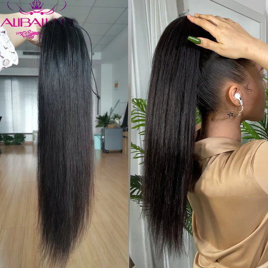 Straight Drawstring Ponytail Human Hair Brazilian Pony Tail