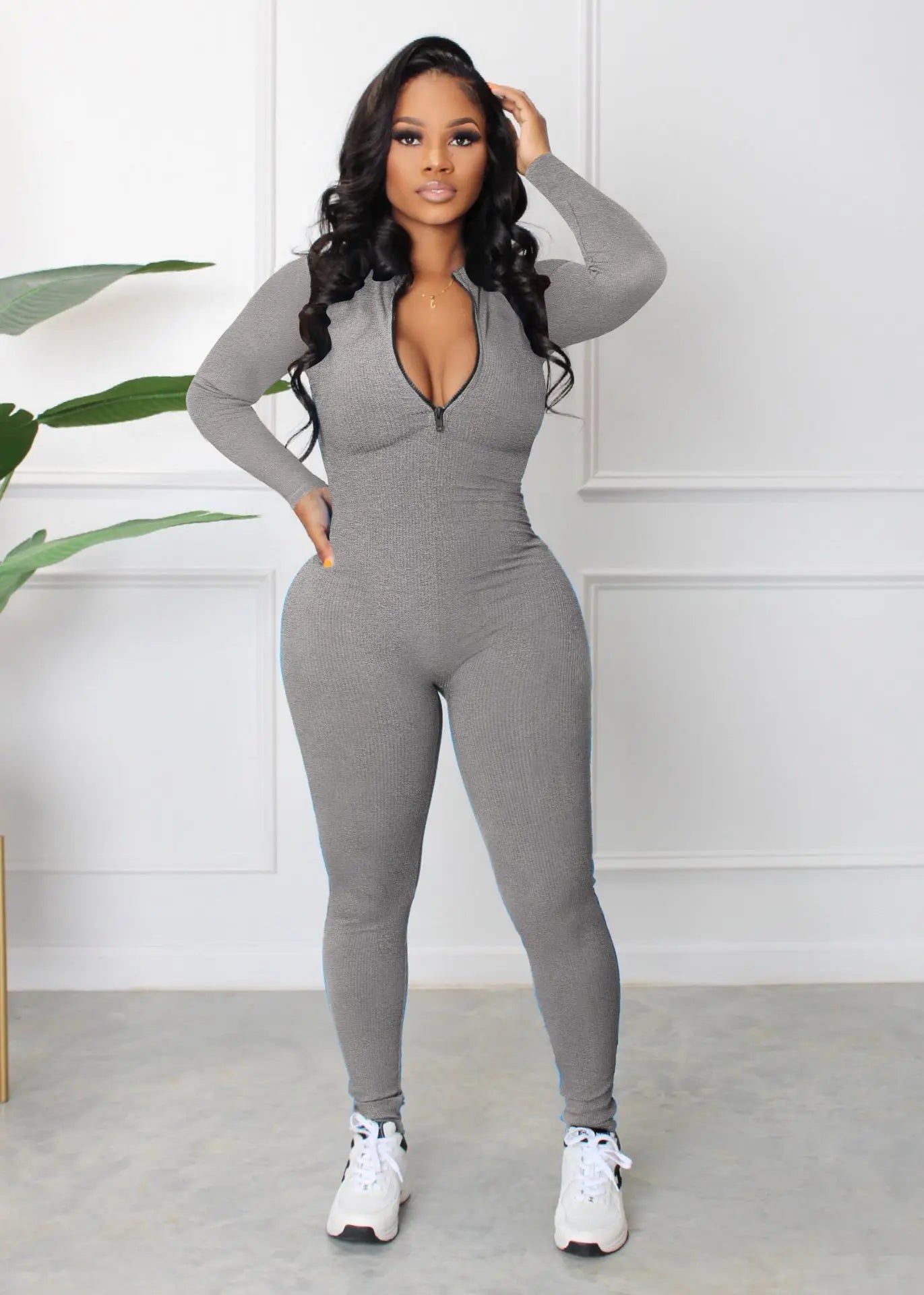 Office Lady Winter Jumpsuits  Ladies Zip Up Long Sleeve Jumpsuit