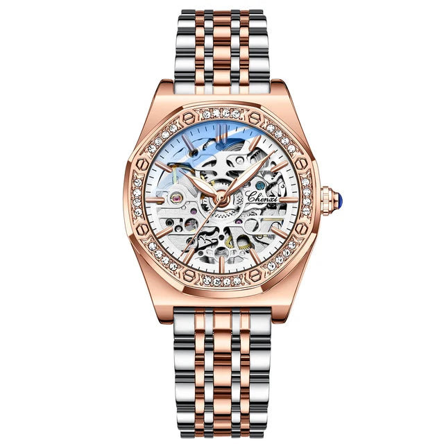 Steel Waterproof Automatic Rose Gold Mechanical Watch for Women