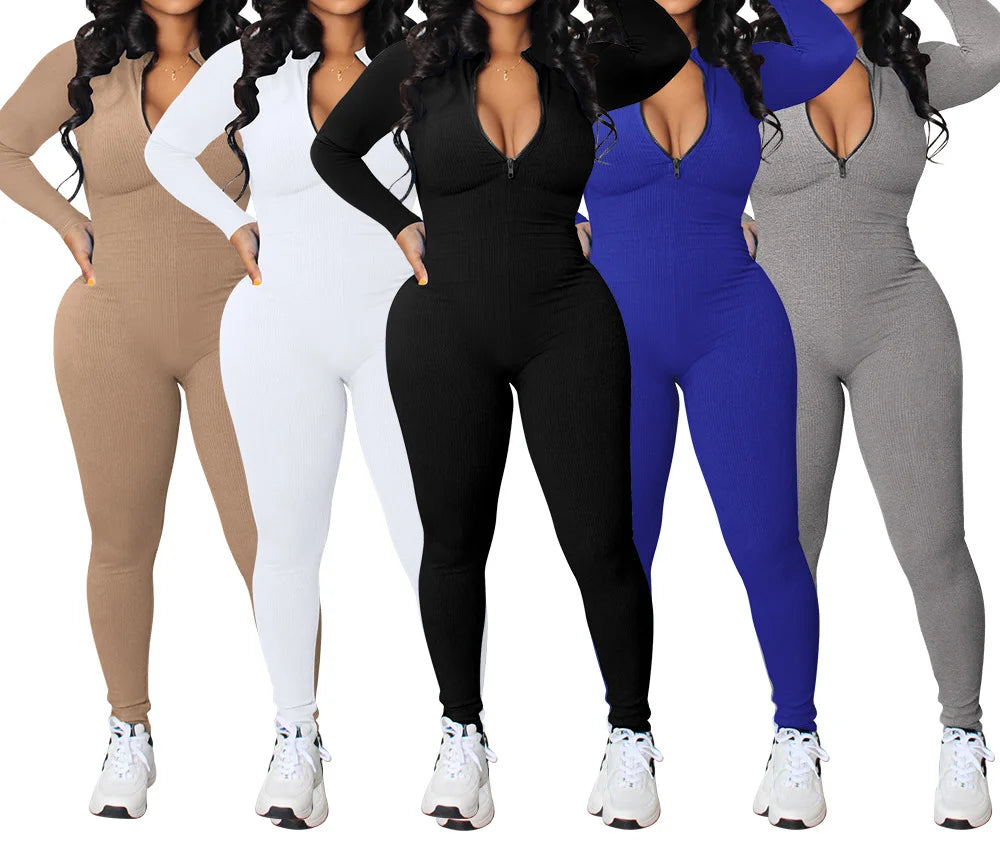 Office Lady Winter Jumpsuits  Ladies Zip Up Long Sleeve Jumpsuit