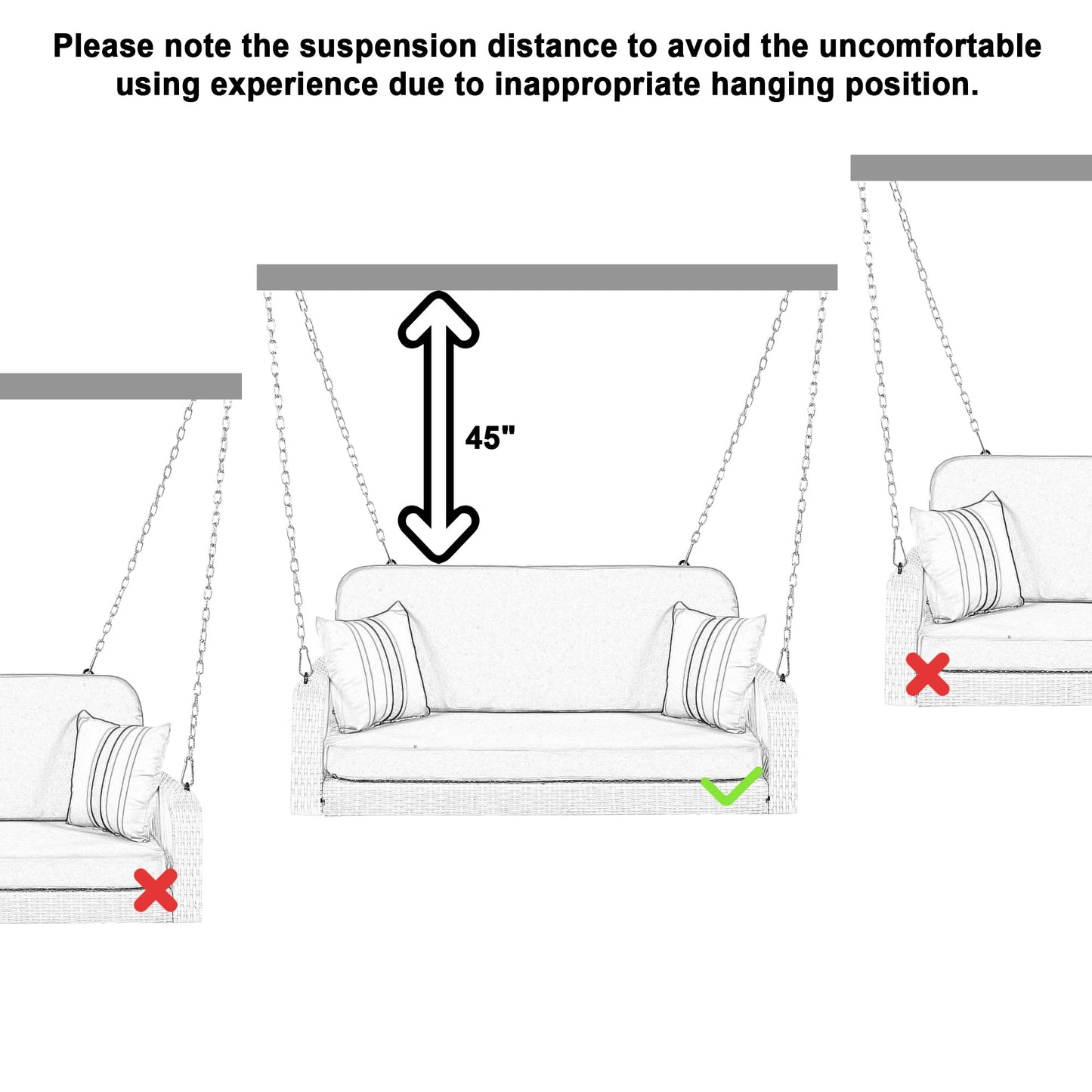 PE Wicker Porch Swing, 2-Seater Hanging Bench With Chains