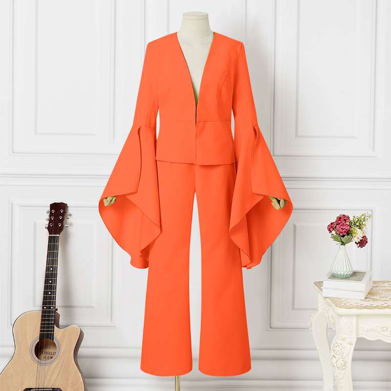 Pants Suits Women Flare Sleeve v Neck Tops and Long Bell Bottoms