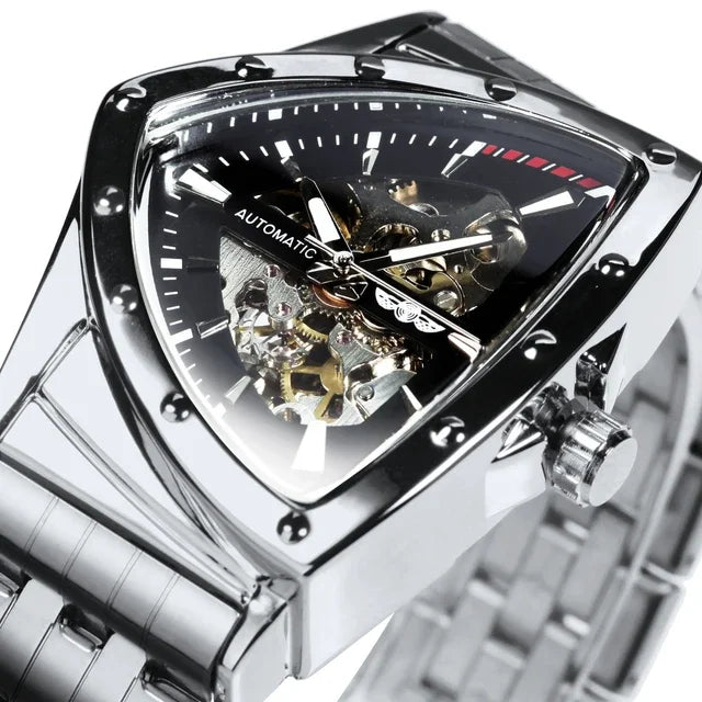 Skeleton Gold Watch Men Automatic Mechanical Wristwatch Stainless Steel Watch