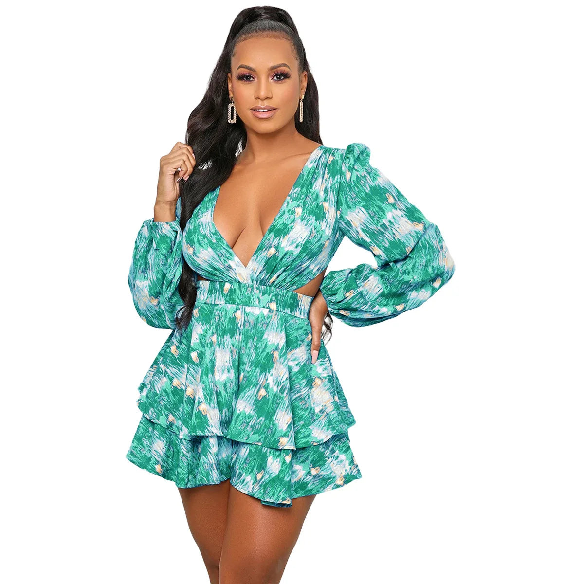 Printed Long Sleeve Sexy Mini Women's Dress