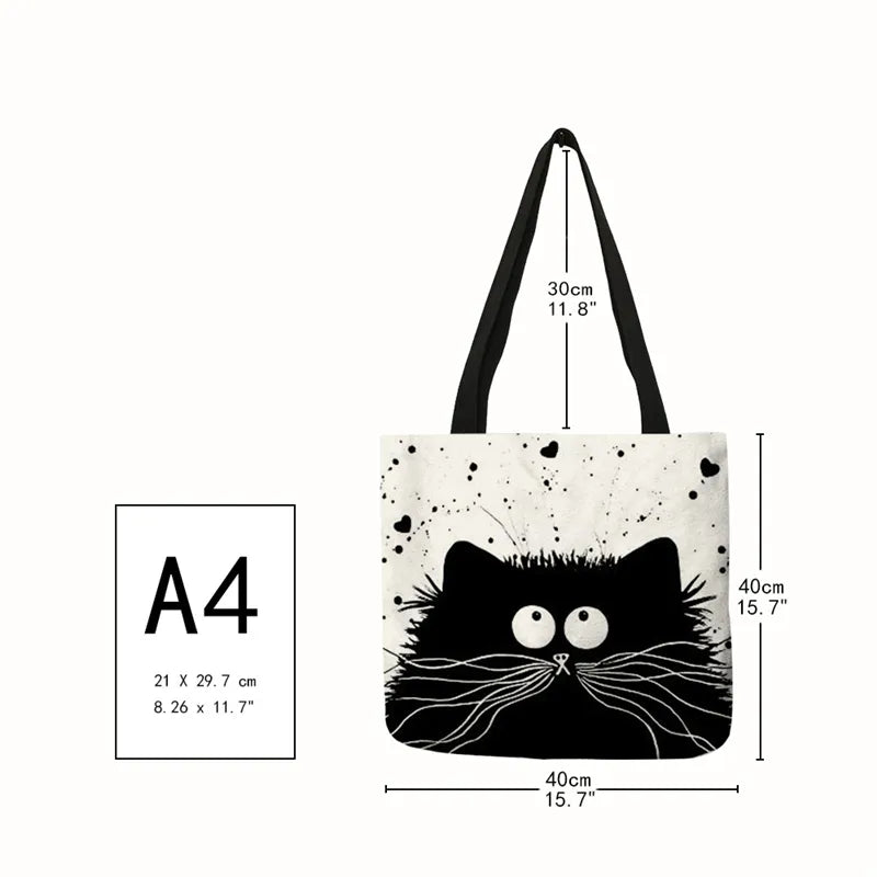 Tote Shopping Bag Cute Cat Printing Women Handbag Linen Totes