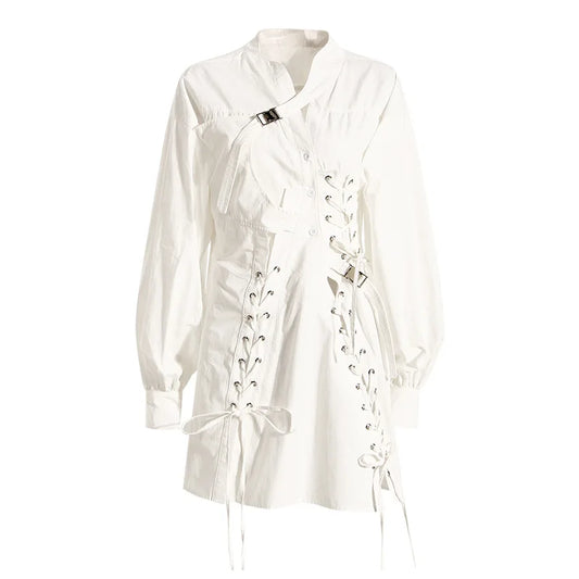 White Long Sleeve Lace Up Drawstring Women's Clothing Shirt Dress